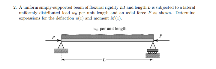 2. A uniform simply-supported beam of flexural rigidity EI and length L is subjected to a lateral
uniformly distributed load wo per unit length and an axial force P as shown. Determine
expressions for the deflection u(z) and moment M(2).
Wo per unit length
L.
