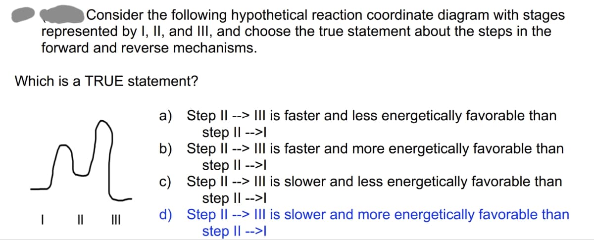 Consider the following hypothetical reaction coordinate diagram with stages
represented by I, II, and III, and choose the true statement about the steps in the
forward and reverse mechanisms.
Which is a TRUE statement?
a) Step II --> III is faster and less energetically favorable than
step II -->I
b) Step II --> III is faster and more energetically favorable than
step II -->I
c) Step II --> III is slower and less energetically favorable than
step II -->I
-->
Ill is slower and more energetically favorable than
| || |||
d) Step II
step II -->I