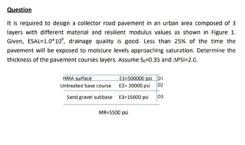 Question
It is required to design a collector road pavement in an urban area composed of 3
layers with different material and resilient modulus values as shown in Figure 1.
Given, ESAL=1.0*10°, drainage quality is good. Less than 25% of the time the
pavement will be exposed to moisture levels approaching saturation. Determine the
thickness of the pavement courses layers. Assume So-0.35 and APSI=2.0.
E1=500000 psi D1
HMA surface
Untreated base course E2= 20000 psi D2
Sand gravel subbase E3=15000 psi
D3
MR=5500 psi
