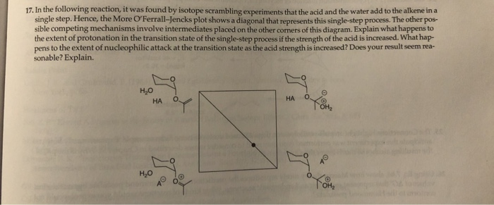 17. In the following reaction, it was found by isotope scrambling experiments that the acid and the water add to the alkene in a
single step. Hence, the More O'Ferrall-Jencks plot shows a diagonal that represents this single-step process. The other pos-
sible competing mechanisms involve intermediates placed on the other corners of this diagram. Explain what happens to
the extent of protonation in the transition state of the single-step process if the strength of the acid is increased. What hap-
pens to the extent of nucleophilic attack at the transition state as the acid strength is increased? Does your result seem rea-
sonable? Explain.
НА
O.
НА
H,0
