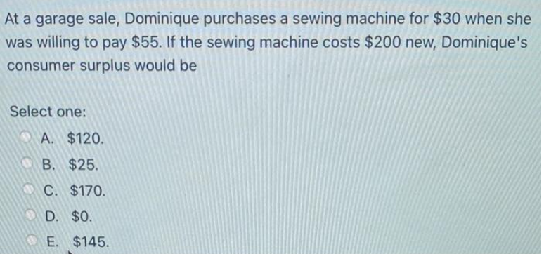 At a garage sale, Dominique purchases a sewing machine for $30 when she
was willing to pay $55. If the sewing machine costs $200 new, Dominique's
consumer surplus would be
Select one:
A. $120.
В. $25.
C. $170.
O D. $0.
OE. $145.
