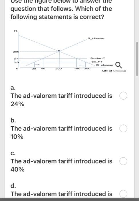 question that follows. Which of the
following statements is correct?
200
54
40
O
20
40
200
S_cheese
150 200
Sc+tariff
Sc_FT
Q
Qty of Cheese
D_cheese
a.
The ad-valorem tariff introduced is
24%
b.
The ad-valorem tariff introduced is
10%
C.
The ad-valorem tariff introduced is
40%
d.
The ad-valorem tariff introduced is