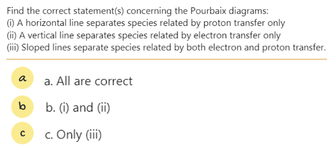 Find the correct statement(s) concerning the Pourbaix diagrams:
(1) A horizontal line separates species related by proton transfer only
(ii) A vertical line separates species related by electron transfer only
(ii) Sloped lines separate species related by both electron and proton transfer.
a
a. All are correct
b
b. (i) and (ii)
c. Only (ii)

