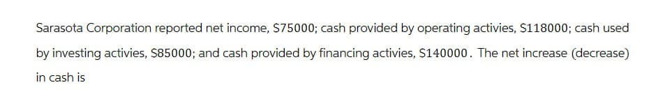 Sarasota Corporation reported net income, $75000; cash provided by operating activies, $118000; cash used
by investing activies, $85000; and cash provided by financing activies, $140000. The net increase (decrease)
in cash is
