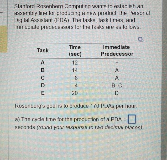 Stanford Rosenberg Computing wants to establish an
assembly line for producing a new product, the Personal
Digital Assistant (PDA). The tasks, task times, and
immediate predecessors for the tasks are as follows:
Task
Time
(sec)
ABCDE
24842
12
14
20
Immediate
Predecessor
A
A
B, C
D
Rosenberg's goal is to produce 170 PDAs per hour.
a) The cycle time for the production of a PDA =
seconds (round your response to two decimal places).