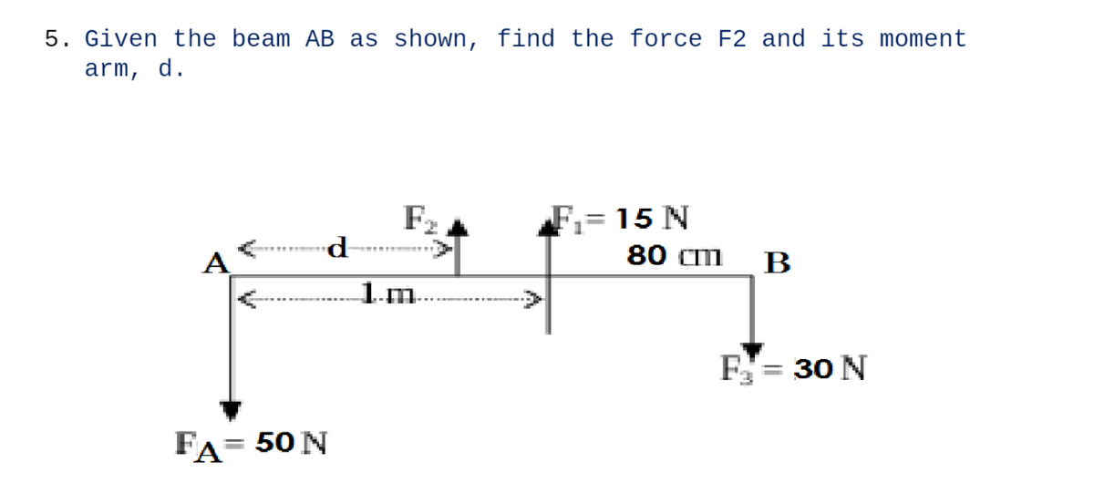 5. Given the beam AB as shown, find the force F2 and its moment
arm, d.
d
FA= 50 N
F₂₂
1.m.
F₁= 15 N
80 B
F = 30 N