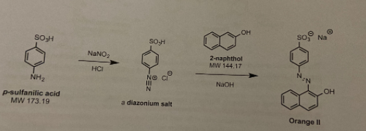 Na
SOH
SO-H
NANO2
2-паphthol
MW 144.17
HCI
NH2
NO
II
NaOH
p-sulfanilic acid
MW 173.19
a diazonium salt
Orange II

