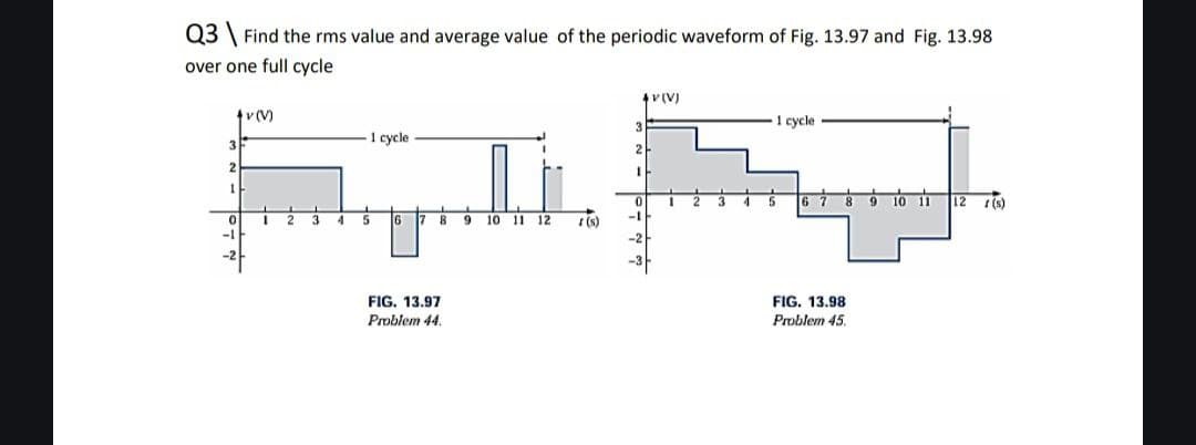 Q3 Find the rms value and average value of the periodic waveform of Fig. 13.97 and Fig. 13.98
over one full cycle
3
+v(V)
1 cycle
V(V)
1 cycle
2
1
1
2
3
4
6 7 8
10 11 12 (s)
0
1
2
3
4
5
6 7 8 9 10 11 12
1(8)
-1
-2
FIG. 13.97
Problem 44.
FIG. 13.98
Problem 45.