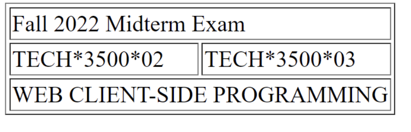Fall 2022 Midterm Exam
TECH*3500*02 TECH*3500*03
WEB CLIENT-SIDE PROGRAMMING