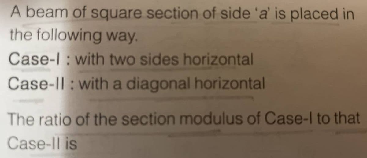 A beam of square section of side 'a' is placed in
the following way.
Case-I: with two sides horizontal
Case-II: with a diagonal horizontal
The ratio of the section modulus of Case-I to that
Case-Il is