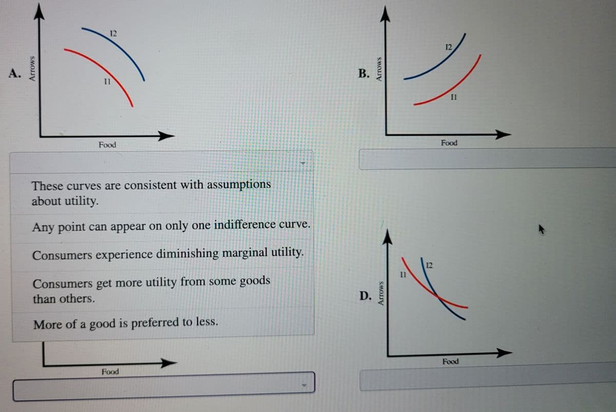 12
12
А.
В.
II
Il
Food
Food
These curves are consistent with assumptions
about utility.
Any point can appear on only one indifference curve.
Consumers experience diminishing marginal utility.
12
Il
Consumers get more utility from some goods
than others.
D.
More of a good is preferred to less.
Food
Food
Arrows
Arrows
Arrows
