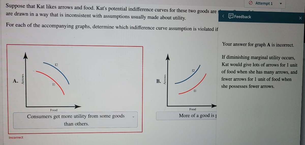 O Attempt 1
Suppose that Kat likes arrows and food. Kat's potential indifference curves for these two goods are:
are drawn in a way that is inconsistent with assumptions usually made about utility.
< O Feedback
For each of the accompanying graphs, determine which indifference curve assumption is violated if
Your answer for graph A is incorrect.
If diminishing marginal utility occurs,
12
Kat would give lots of arrows for 1 unit
of food when she has many arrows, and
fewer arrows for 1 unit of food when
В.
she possesses fewer arrows.
II
Food
Food
Consumers get more utility from some goods
More of a good is Į
than others.
Incorrect
SMOLI
