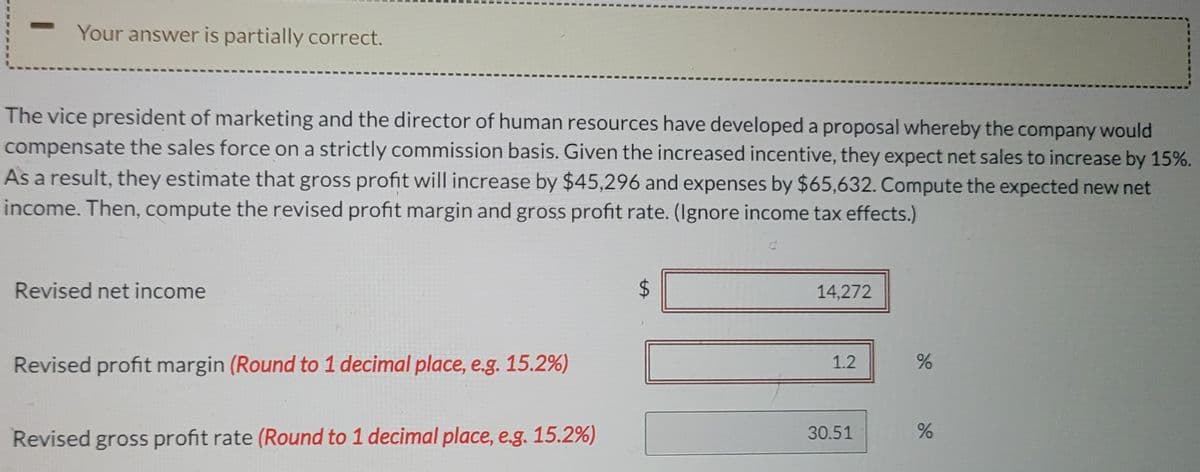 Your answer is partially correct.
The vice president of marketing and the director of human resources have developed a proposal whereby the company would
compensate the sales force on a strictly commission basis. Given the increased incentive, they expect net sales to increase by 15%.
As a result, they estimate that gross profit will increase by $45,296 and expenses by $65,632. Compute the expected new net
income. Then, compute the revised profit margin and gross profit rate. (Ignore income tax effects.)
Revised net income
14,272
Revised profit margin (Round to 1 decimal place, e.g. 15.2%)
1.2
30.51
Revised gross profit rate (Round to 1 decimal place, e.g. 15.2%)
%24
