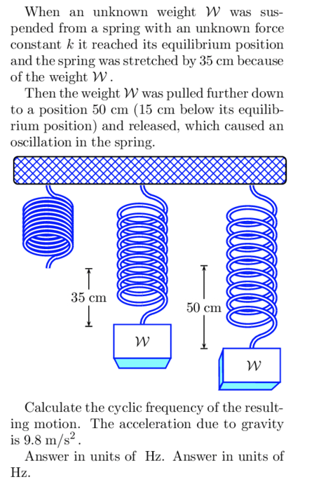 When an unknown weight W was sus-
pended from a spring with an unknown force
constant k it reached its equilibrium position
and the spring was stretched by 35 cm because
of the weight W.
Then the weight W was pulled further down
to a position 50 cm (15 cm below its equilib-
rium position) and released, which caused an
oscillation in the spring.
↑
35 cm
Hz.
Coooooooo
W
50 cm
0!!!
W
Calculate the cyclic frequency of the result-
ing motion. The acceleration due to gravity
is 9.8 m/s².
Answer in units of Hz. Answer in units of