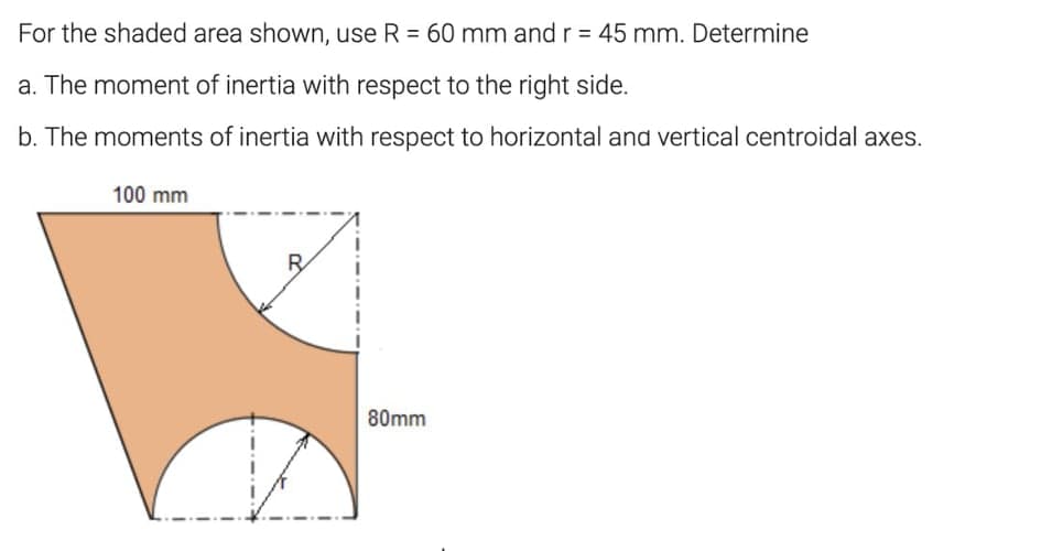 For the shaded area shown, use R = 60 mm and r = 45 mm. Determine
a. The moment of inertia with respect to the right side.
b. The moments of inertia with respect to horizontal and vertical centroidal axes.
100 mm
80mm
