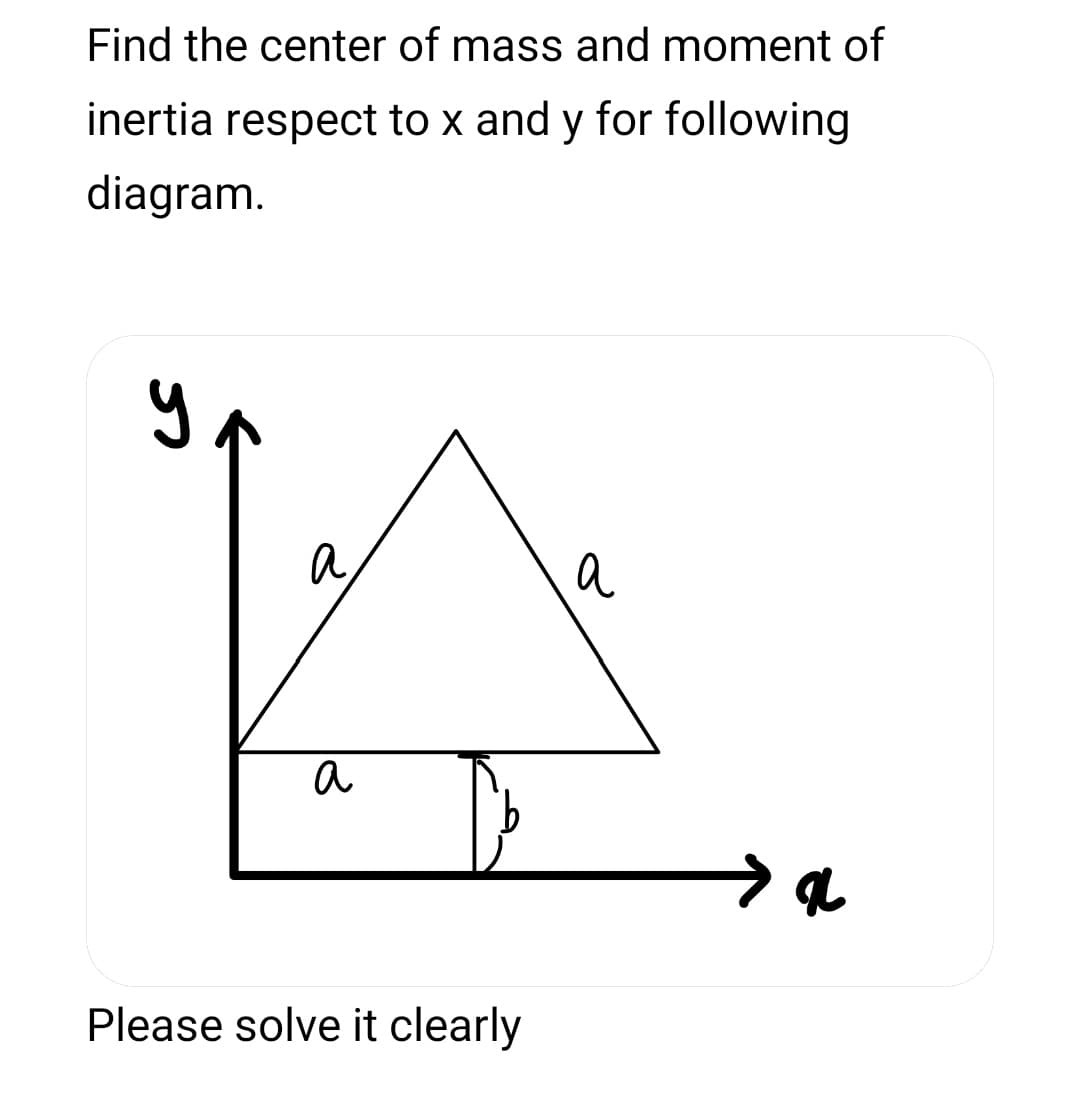 Find the center of mass and moment of
inertia respect to x and y for following
diagram.
y.
a
a
a
Please solve it clearly

