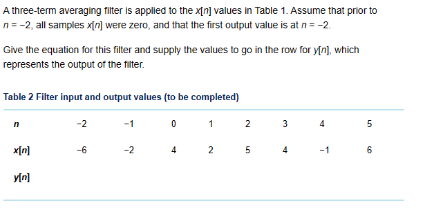 A three-term averaging filter is applied to the x[n] values in Table 1. Assume that prior to
n = -2, all samples x[n] were zero, and that the first output value is at n = -2.
Give the equation for this filter and supply the values to go in the row for y[n], which
represents the output of the filter.
Table 2 Filter input and output values (to be completed)
n
x[n]
y[n]
-2
-6
-1
-2
0
4
1
2 3
2 5 4
4
-1
5
6