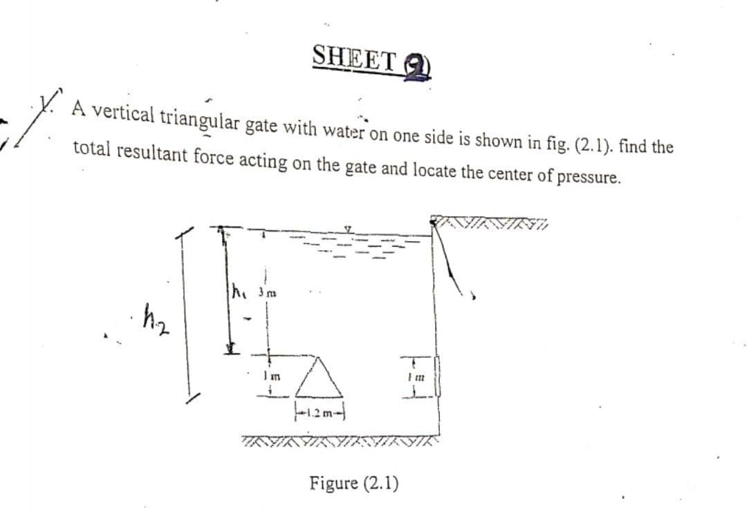 SHEET
A vertical triangular gate with water on one side is shown in fig. (2.1). find the
total resultant force acting on the gate and locate the center of pressure.
hi 3m
Im
I m
12m-
Figure (2.1)
