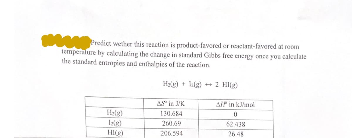 M Predict wether this reaction is product-favored or reactant-favored at room
temperature by calculating the change in standard Gibbs free energy once you calculate
the standard entropies and enthalpies of the reaction.
H₂(g) + 12(g)
H₂(g)
12(g)
HI(g)
AS in J/K
130.684
260.69
206.594
2 HI(g)
AH in kJ/mol
0
62.438
26.48