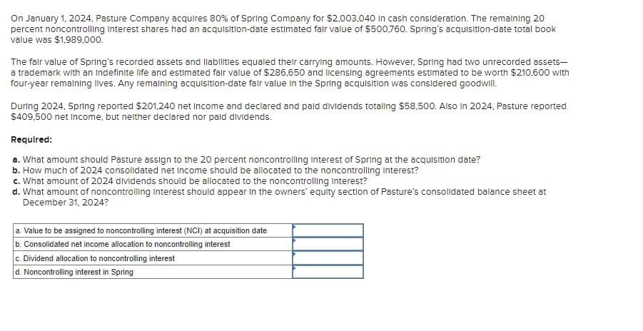 On January 1, 2024, Pasture Company acquires 80% of Spring Company for $2,003,040 in cash consideration. The remaining 20
percent noncontrolling Interest shares had an acquisition-date estimated fair value of $500,760. Spring's acquisition-date total book
value was $1,989,000.
The fair value of Spring's recorded assets and liabilities equaled their carrying amounts. However, Spring had two unrecorded assets-
a trademark with an indefinite life and estimated fair value of $286,650 and licensing agreements estimated to be worth $210,600 with
four-year remaining lives. Any remaining acquisition-date fair value in the Spring acquisition was considered goodwill.
During 2024, Spring reported $201,240 net income and declared and paid dividends totaling $58,500. Also In 2024, Pasture reported
$409,500 net Income, but neither declared nor paid dividends.
Required:
a. What amount should Pasture assign to the 20 percent noncontrolling Interest of Spring at the acquisition date?
b. How much of 2024 consolidated net income should be allocated to the noncontrolling Interest?
c. What amount of 2024 dividends should be allocated to the noncontrolling Interest?
d. What amount of noncontrolling Interest should appear in the owners' equity section of Pasture's consolidated balance sheet at
December 31, 2024?
a. Value to be assigned to noncontrolling interest (NCI) at acquisition date
b. Consolidated net income allocation to noncontrolling interest
c. Dividend allocation to noncontrolling interest
d. Noncontrolling interest in Spring