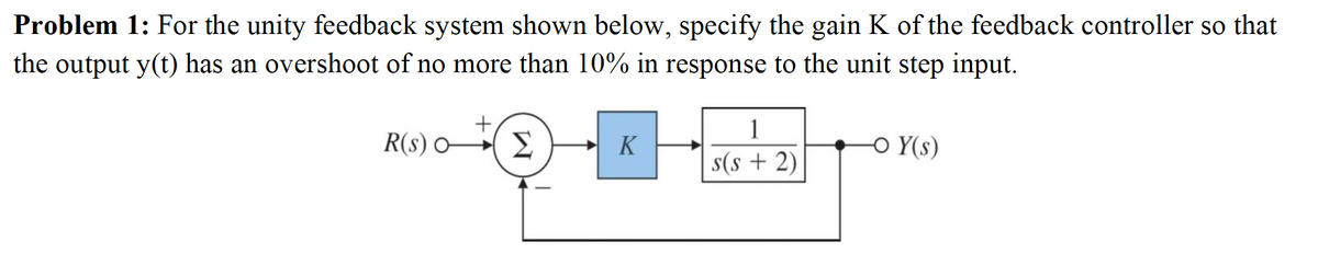 Problem 1: For the unity feedback system shown below, specify the gain K of the feedback controller so that
the output y(t) has an overshoot of no more than 10% in response to the unit step input.
+,
R(s) O E
1
K
-O Y(s)
s(s + 2)
