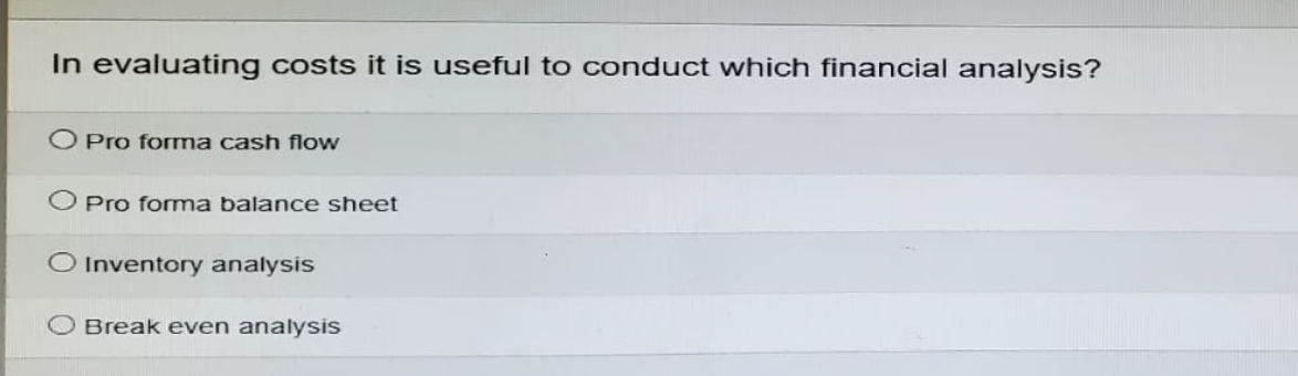 In evaluating costs it is useful to conduct which financial analysis?
Pro forma cash flow
O Pro forma balance sheet
O Inventory analysis
Break even analysis