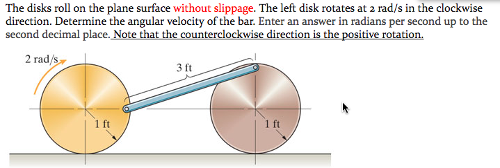 The disks roll on the plane surface without slippage. The left disk rotates at 2 rad/s in the clockwise
direction. Determine the angular velocity of the bar. Enter an answer in radians per second up to the
second decimal place. Note that the counterclockwise direction is the positive rotation.
2 rad/s
3 ft
1 ft
1 ft
