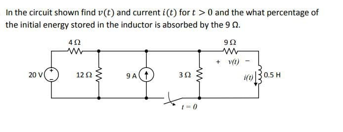 In the circuit shown find v(t) and current i(t) for t> 0 and the what percentage of
the initial energy stored in the inductor is absorbed by the 9.
492
20 V
12 Ω
9A ↑
3Ω
t = 0
992
www
+v(t)
-
i(t) 30.5 H