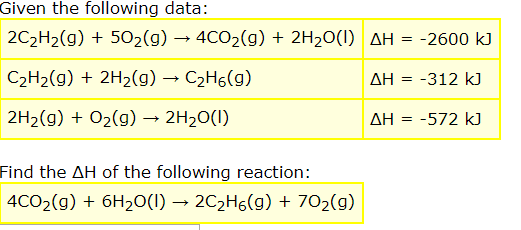Given the following data:
2C2H2(g)502(g) 4CO2(g) + 2H20(I) AH = -2600 kJ
C2H2(g)2H2(g) C2H6(g)
AH = 312 k)
2H2(g)O2g)
2H20(I)
AH = -572 k)
Find the AH of the following reaction:
4CO2(g)6H20(I) - 2C2H6(g)
702(g)

