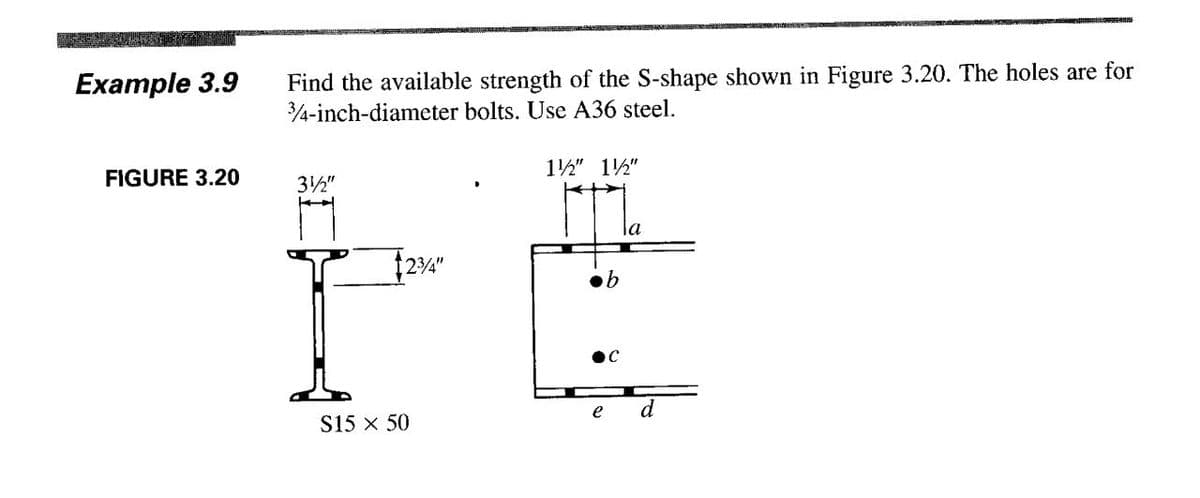 Example 3.9
FIGURE 3.20
Find the available strength of the S-shape shown in Figure 3.20. The holes are for
3/4-inch-diameter bolts. Use A36 steel.
312"
23/4"
S15 × 50
1½" 1/2"
b
e
la
C
d