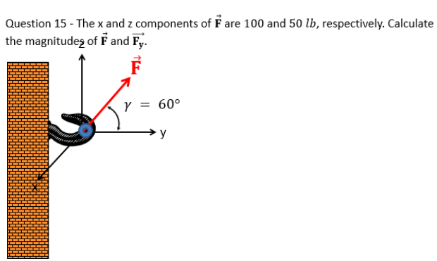 Question 15 - The x and z components of F are 100 and 50 lb, respectively. Calculate
the magnitudes of F and Fy.
F
Y = 60°