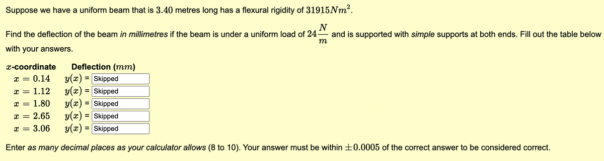 Suppose we have a uniform beam that is 3.40 metres long has a flexural rigidity of 31915Nm².
N
m
Find the deflection of the beam in millimetres if the beam is under a uniform load of 24 and is supported with simple supports at both ends. Fill out the table below
with your answers.
x-coordinate
Deflection (mm)
x = = 0.14
y(x) = [Skipped
х
= 1.12
y(x) = Skipped
=
х
x =
1.80
= 2.65
y(x) = Skipped
y(x) = Skipped
x = 3.06
y(x) = [Skipped
Enter as many decimal places as your calculator allows (8 to 10). Your answer must be within ±0.0005 of the correct answer to be considered correct.