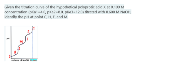 Given the titration curve of the hypothetical polyprotic acid X at 0.100 M
concentration (pKa1=4.0, pKa2=8.0, pKa3=12.0) titrated with 0.600 M NaOH,
identify the pH at point C, H, E, and M.
volume of NaOH 5.0 ml
