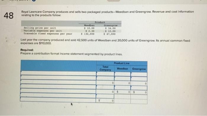 48
Royal Lawncare Company produces and sells two packaged products-Weedban and Greengrow. Revenue and cost information
relating to the products follow:
Selling price per unit
Variable expenses per unit
Traceable fixed expenses per year.
Weedban
$ 10.00
$ 2.30
$ 132,000
Product
Greengrow
34.00
$12.00
$ 47,000
Last year the company produced and sold 42,500 units of Weedban and 20,000 units of Greengrow. Its annual common fixed
expenses are $110,000.
Required:
Prepare a contribution format income statement segmented by product lines.
Total
Company
$
Product Line
0
Woodbant
0$
0
0
Greengrow
0 $
0
0