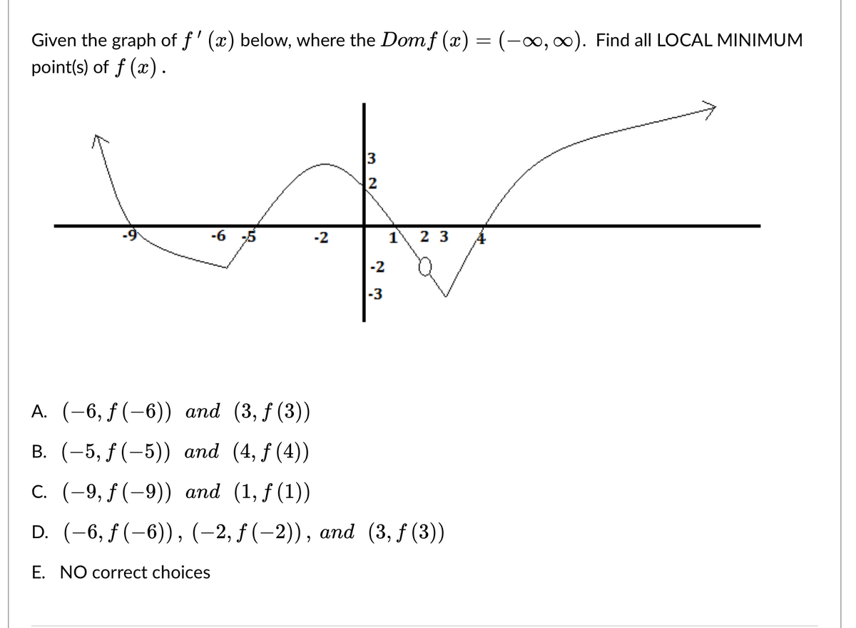 Given the graph of f'(x) below, where the Dom f (x) = (-∞, ∞). Find all LOCAL MINIMUM
point(s) of f(x).
A. (−6, ƒ (−6)) and (3, ƒ (3))
B. (-5, f(-5)) and (4, f (4))
N
-2
-3
1 23
C. (−9, ƒ (−9)) and (1,ƒ(1))
D. (−6, ƒ (−6)), (−2, ƒ (−2)), and (3, ƒ (3))
E. NO correct choices