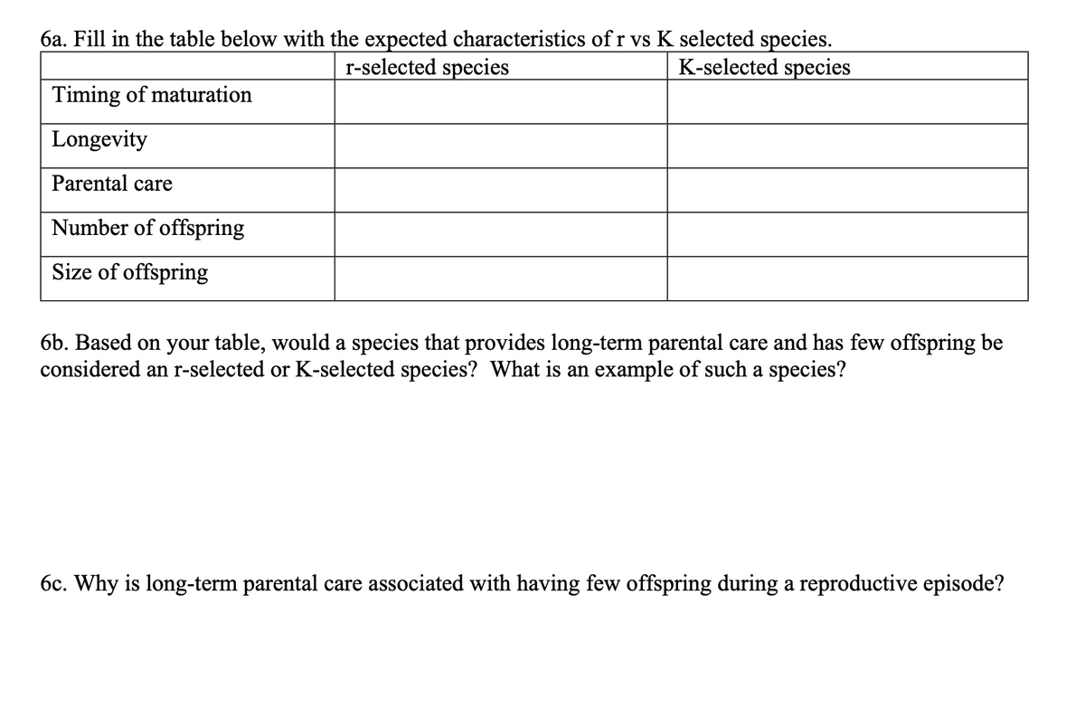 6a. Fill in the table below with the expected characteristics of r vs K selected species.
r-selected species
K-selected species
Timing of maturation
Longevity
Parental care
Number of offspring
Size of offspring
6b. Based on your table, would a species that provides long-term parental care and has few offspring be
considered an r-selected or K-selected species? What is an example of such a species?
6c. Why is long-term parental care associated with having few offspring during a reproductive episode?
