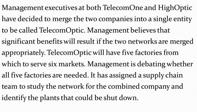 Management executives at both TelecomOne and HighOptic
have decided to merge the two companies into a single entity
to be called TelecomOptic. Management believes that
significant benefits will result if the two networks are merged
appropriately. TelecomOptic will have five factories from
which to serve six markets. Management is debating whether
all five factories are needed. It has assigned a supply chain
team to study the network for the combined company and
identify the plants that could be shut down.