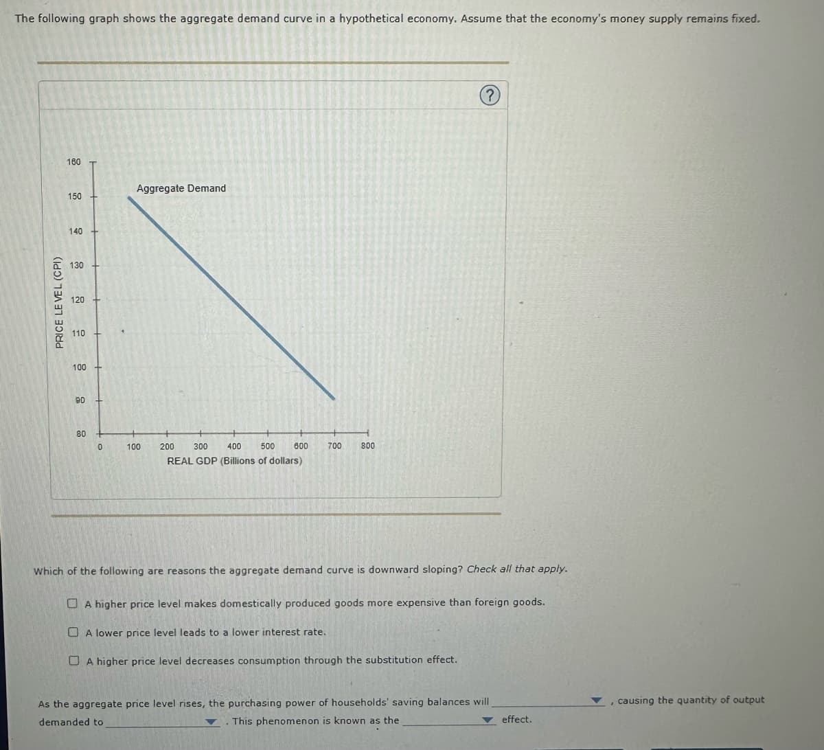 The following graph shows the aggregate demand curve in a hypothetical economy. Assume that the economy's money supply remains fixed.
PRICE LEVEL (CPI)
180 T
150
140
130
120
110
100
90
80
0
Aggregate Demand
100
200
300 400 500 600
REAL GDP (Billions of dollars)
700
800
(?)
Which of the following are reasons the aggregate demand curve is downward sloping? Check all that apply.
A higher price level makes domestically produced goods more expensive than foreign goods.
A lower price level leads to a lower interest rate.
A higher price level decreases consumption through the substitution effect.
As the aggregate price level rises, the purchasing power of households' saving balances will
demanded to
This phenomenon is known as the
effect.
causing the quantity of output