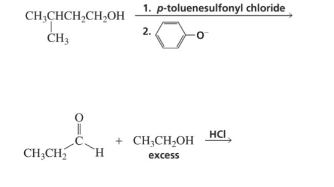 1. p-toluenesulfonyl chloride
CH;CHCH,CH2OH
2.
ČH3
CH;CH,OH HCI,
.
+
CH;CH
`H
excess
