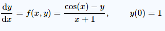 dy
dr
f(x, y)
cos(x) - y
x + 1
y(0) = 1