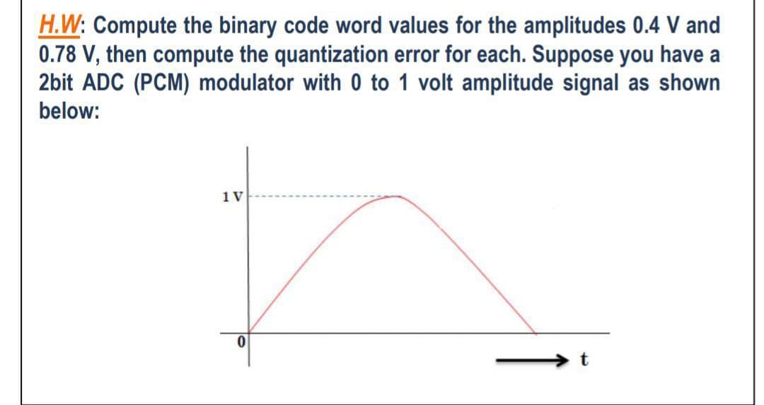 H.W: Compute the binary code word values for the amplitudes 0.4 V and
0.78 V, then compute the quantization error for each. Suppose you have a
2bit ADC (PCM) modulator with 0 to 1 volt amplitude signal as shown
below:
1 V
