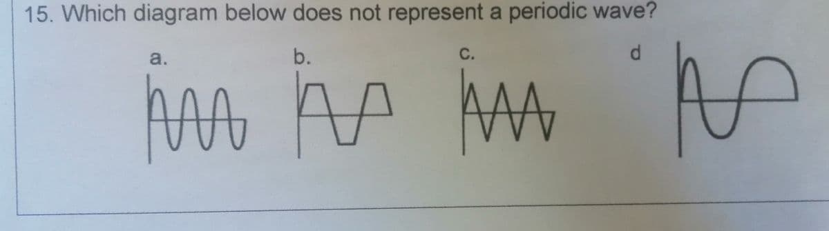 15. Which diagram below does not represent a periodic wave?
a.
b.
C.
d.
