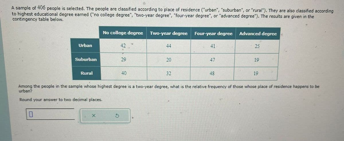 A sample of 406 people is selected. The people are classified according to place of residence ("urban", "suburban", or "rural"). They are also classified according
to highest educational degree earned ("no college degree", "two-year degree", "four-year degree", or "advanced degree"). The results are given in the
contingency table below.
No college degree Two-year degree
Two-year degree Four-year degree
Advanced degree
Urban
42T
44
41
25
25
Suburban
29
20
47
19
Rural
40
32
48
19
Among the people in the sample whose highest degree is a two-year degree, what is the relative frequency of those whose place of residence happens to be
urban?
Round your answer to two decimal places.
X
5