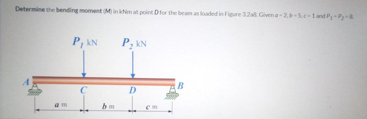 Determine the bending moment (M) in kNm at point D for the beam as loaded in Figure 3.2a8. Given a = 2, b = 5, c 1 and P P2=8.
P, kN
P, kN
В
D
a m
b m
C m
