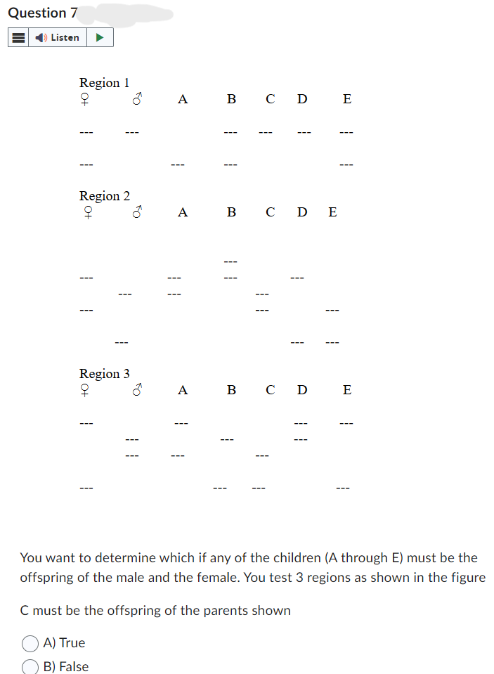Question 7
Listen
Region 1
Q
ठ
Region 2
오
A B C D E
o
1
1
A B C DE
Region 3
+0
FO
ठ
1
1
---
A B C D E
1
You want to determine which if any of the children (A through E) must be the
offspring of the male and the female. You test 3 regions as shown in the figure
C must be the offspring of the parents shown
A) True
B) False