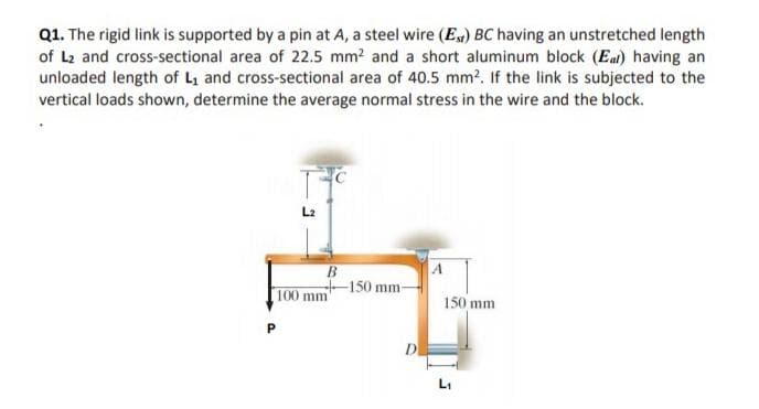 Q1. The rigid link is supported by a pin at A, a steel wire (E,) BC having an unstretched length
of L2 and cross-sectional area of 22.5 mm? and a short aluminum block (Eal) having an
unloaded length of L and cross-sectional area of 40.5 mm?, If the link is subjected to the
vertical loads shown, determine the average normal stress in the wire and the block.
L2
A
-150 mm-
100 mm
150 mm
P.
D
L1
