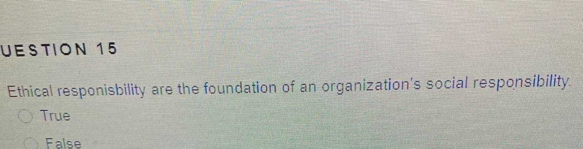 UESTION 15
Ethical responisbility
are the foundation of an
organization's social responsibility
O True
O False
