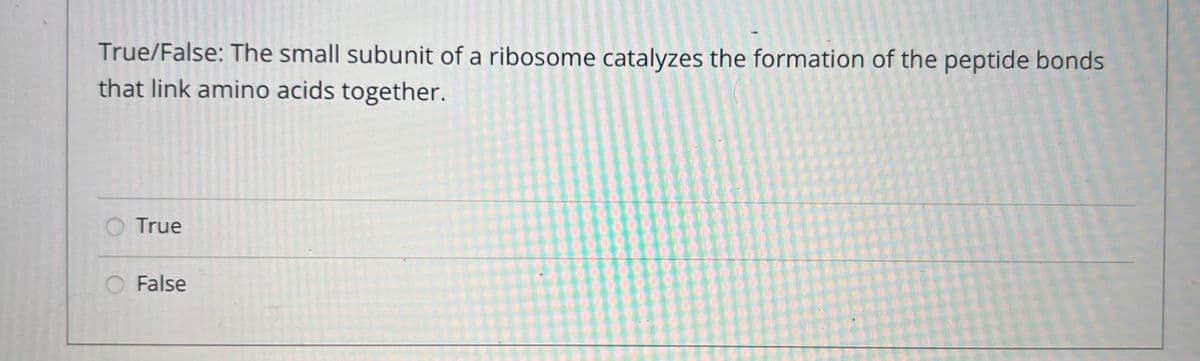 True/False: The small subunit of a ribosome catalyzes the formation of the peptide bonds
that link amino acids together.
True
False