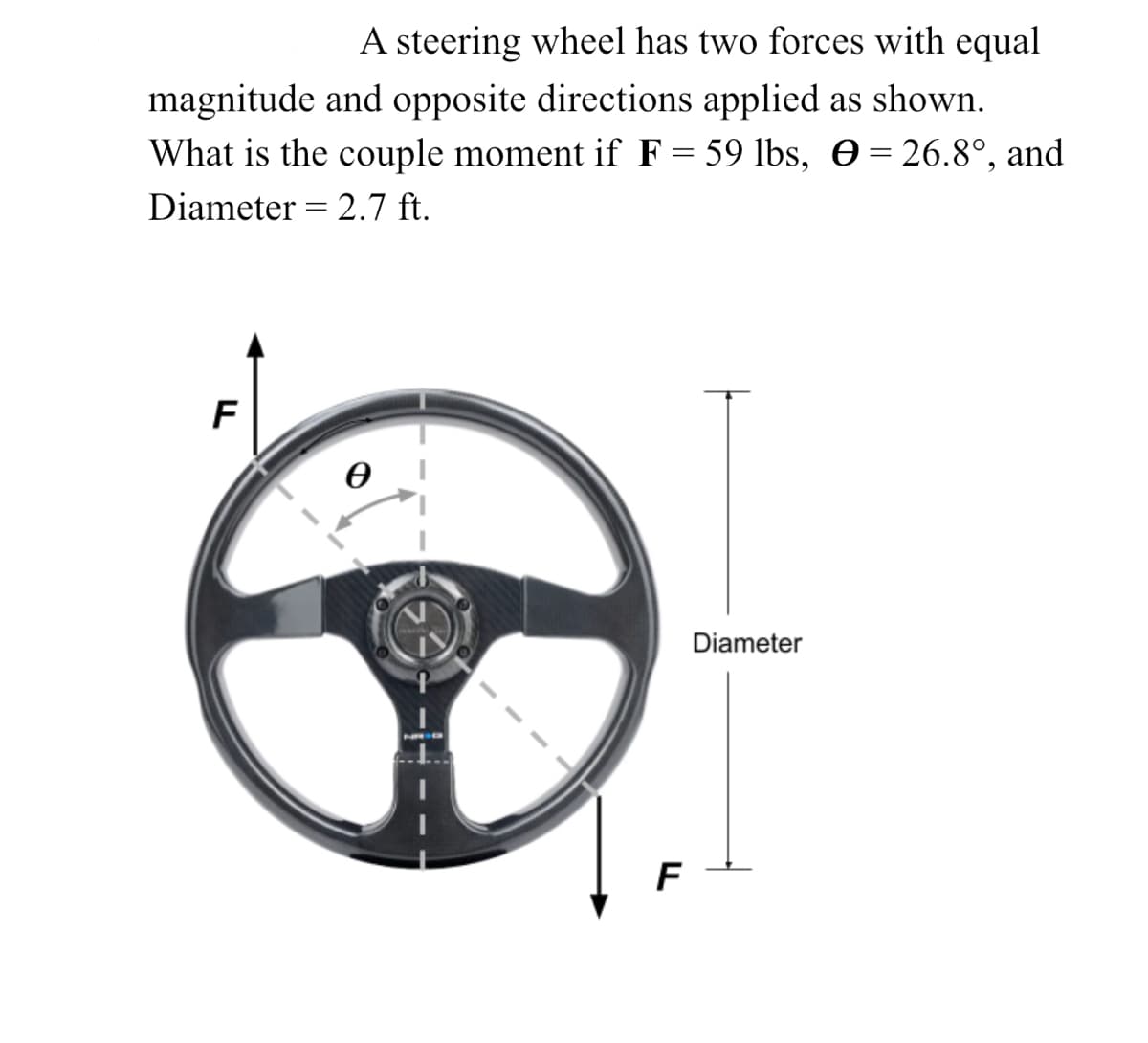 A steering wheel has two forces with equal
magnitude and opposite directions applied as shown.
What is the couple moment if F = 59 lbs, O= 26.8°, and
Diameter = 2.7 ft.
F
F
Diameter