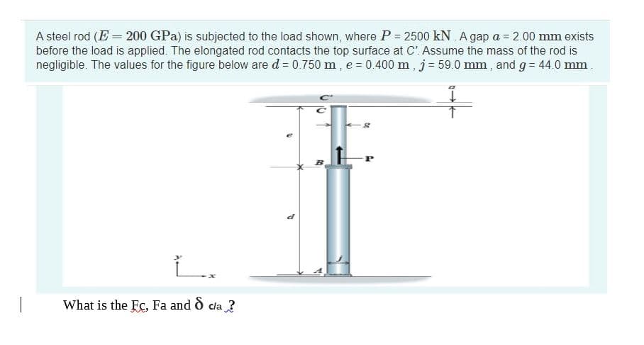 A steel rod (E = 200 GPa) is subjected to the load shown, where P = 2500 kN A gap a = 2.00 mm exists
before the load is applied. The elongated rod contacts the top surface at C'. Assume the mass of the rod is
negligible. The values for the figure below are d = 0.750 m, e = 0.400 m, j = 59.0 mm , and g = 44.0 mm.
L.
What is the Fc, Fa and ò cla ?
